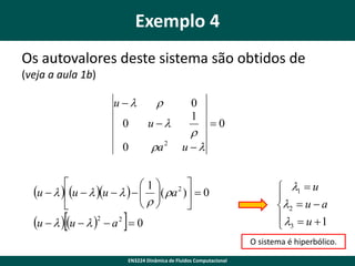 Exemplo 4
Os autovalores deste sistema são obtidos de
(veja a aula 1b)
u 



0

u 

0

a 2

0
1



0

u 


1
2 
u   u   u      ( a )  0

 




u   u   2  a 2   0

 1  u

2  u  a
   u 1
 3
O sistema é hiperbólico.

EN3224 Dinâmica de Fluidos Computacional

 