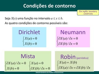 Condições de contorno
Em inglês: boundary
conditions

Seja X(x) uma função no intervalo a  x  b.
As quatro condições de contorno possíveis são:

Dirichlet
 X (a)  0

 X (b)  0

Mista

Neumann
X (a) / x  0

X (b) / x  0

Robin (periódica)

X (a) / x  0  X (a)  0


 X (b)  0
X (b) / x  0

 X (a)  X (b)

X (a) / x  X (b) / x

EN3224 Dinâmica de Fluidos Computacional

 