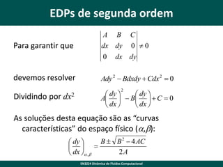 EDPs de segunda ordem
A

Para garantir que

dx dy
0

devemos resolver

B

C
0 0

dx dy

Ady 2  Bdxdy  Cdx 2  0
2

Dividindo por dx2

 dy 
 dy 
A   B   C  0
 dx 
 dx 

As soluções desta equação são as “curvas
características” do espaço físico (a,b):
B  B 2  4 AC
 dy 
  
2A
 dx a , b
EN3224 Dinâmica de Fluidos Computacional

 