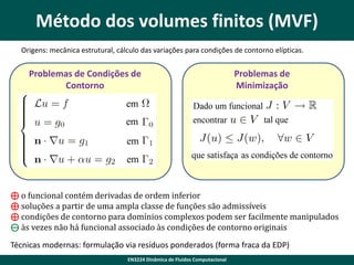 Método dos volumes finitos (MVF)
Origens: mecânica estrutural, cálculo das variações para condições de contorno elípticas.

Problemas de Condições de
Contorno

Problemas de
Minimização

⊕ o funcional contém derivadas de ordem inferior
⊕ soluções a partir de uma ampla classe de funções são admissíveis
⊕ condições de contorno para domínios complexos podem ser facilmente manipulados
⊖ às vezes não há funcional associado às condições de contorno originais
Técnicas modernas: formulação via resíduos ponderados (forma fraca da EDP)
EN3224 Dinâmica de Fluidos Computacional

 