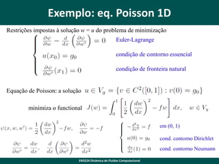 Exemplo: eq. Poisson 1D
Restrições impostas à solução w = u do problema de minimização
Euler-Lagrange

condição de contorno essencial
condição de fronteira natural

Equação de Poisson: a solução
minimiza o functional
em (0, 1)
cond. contorno Dirichlet

cond. contorno Neumann
EN3224 Dinâmica de Fluidos Computacional

 