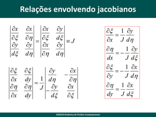 Relações envolvendo jacobianos
x
x
y
dx

x
x
h
x

y
x
dh
h

y
dx
J
y
dh

x
x
h
x

x
y
dy 1 dh

h J y

dy
dx

x

h
x
x

EN3224 Dinâmica de Fluidos Computacional

x
x
h
dx
x
y
h
dy

1 y

J dh
1 y

J dx
1 x

J dh
1 x

J dx

 