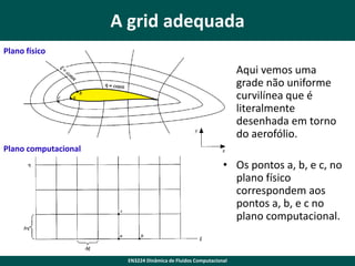 A grid adequada
Plano físico

• Aqui vemos uma
grade não uniforme
curvilínea que é
literalmente
desenhada em torno
do aerofólio.
Plano computacional

• Os pontos a, b​​, e c, no
plano físico
correspondem aos
pontos a, b, e c no
plano computacional.

EN3224 Dinâmica de Fluidos Computacional

 