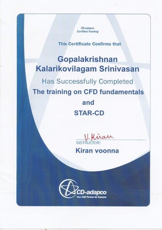 Computational Fluid Dynamics certificate - CD adapco
