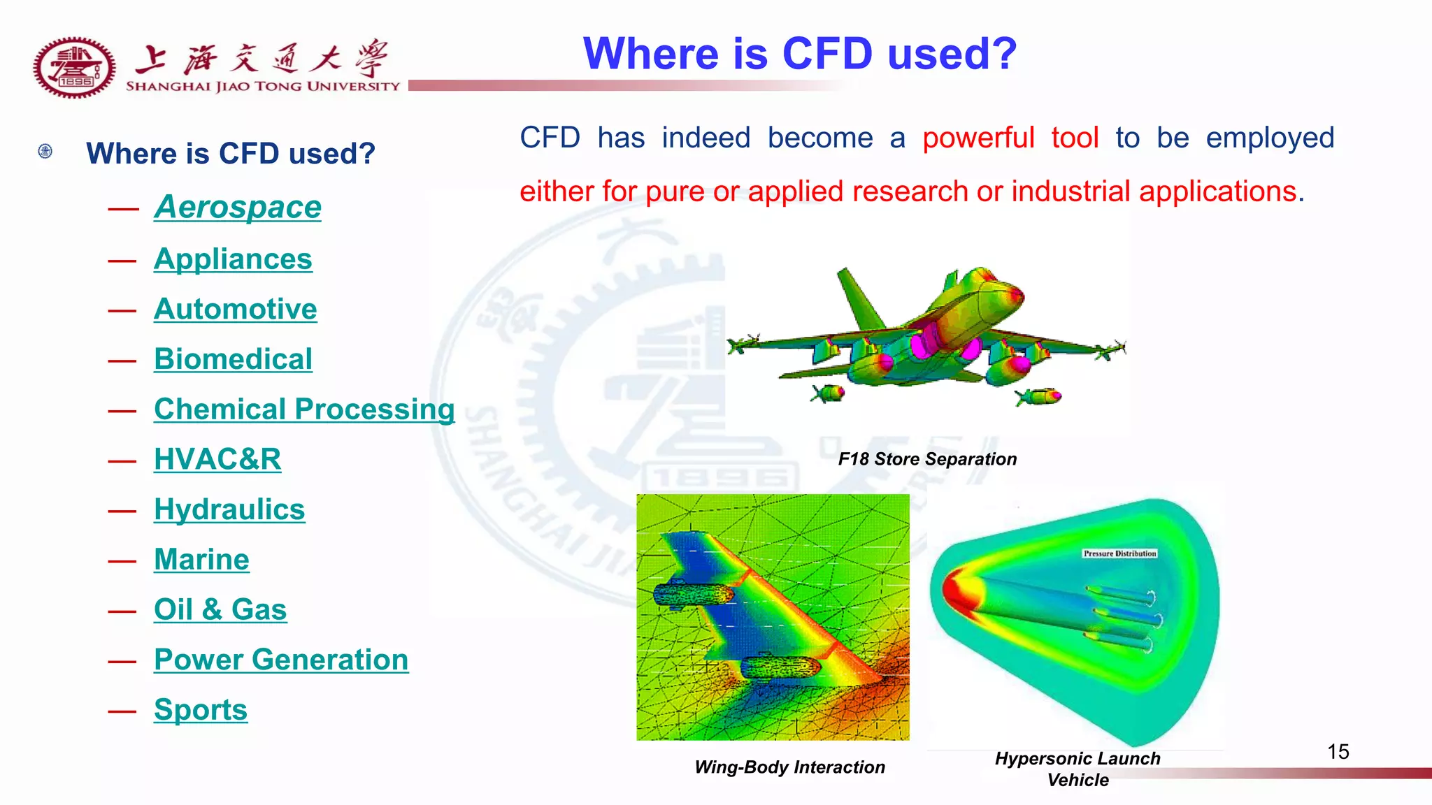 15
Where is CFD used?
Where is CFD used?
― Aerospace
― Appliances
― Automotive
― Biomedical
― Chemical Processing
― HVAC&R
― Hydraulics
― Marine
― Oil & Gas
― Power Generation
― Sports
F18 Store Separation
Wing-Body Interaction Hypersonic Launch
Vehicle
CFD has indeed become a powerful tool to be employed
either for pure or applied research or industrial applications.
 