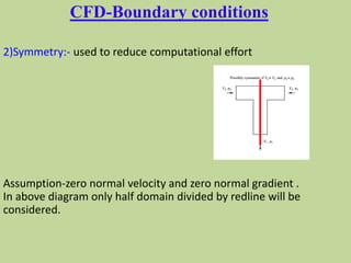 CFD-Boundary conditions
2)Symmetry:- used to reduce computational effort
Assumption-zero normal velocity and zero normal gradient .
In above diagram only half domain divided by redline will be
considered.
 