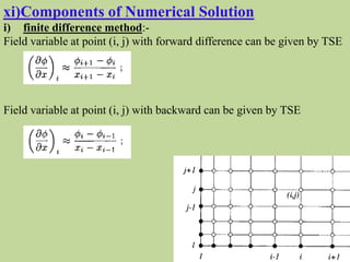 xi)Components of Numerical Solution
i) finite difference method:-
Field variable at point (i, j) with forward difference can be given by TSE
Field variable at point (i, j) with backward can be given by TSE
 