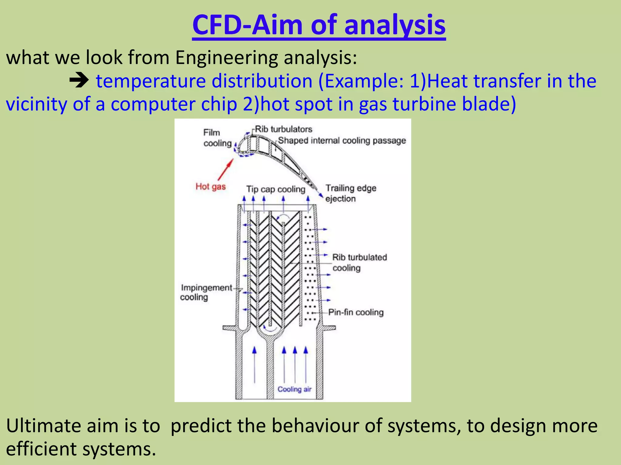 CFD-Aim of analysis
what we look from Engineering analysis:
 temperature distribution (Example: 1)Heat transfer in the
vicinity of a computer chip 2)hot spot in gas turbine blade)
Ultimate aim is to predict the behaviour of systems, to design more
efficient systems.
 