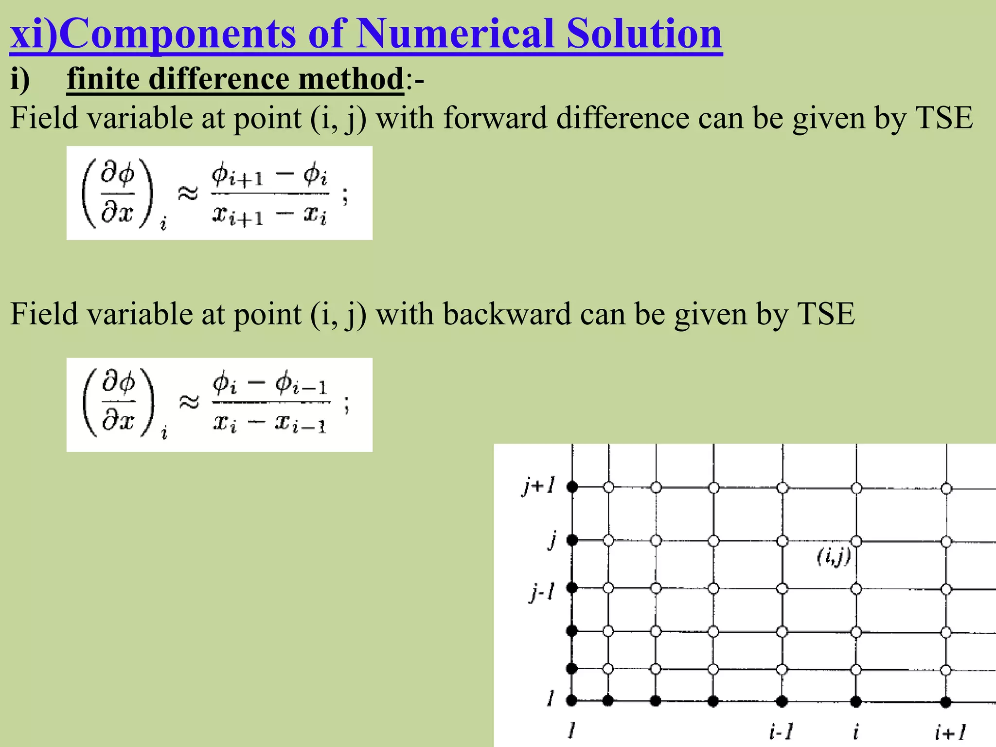 xi)Components of Numerical Solution
i) finite difference method:-
Field variable at point (i, j) with forward difference can be given by TSE
Field variable at point (i, j) with backward can be given by TSE
 
