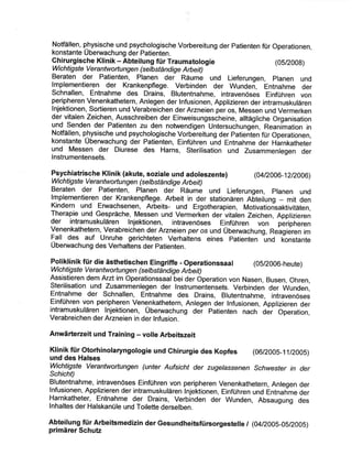 Notfällen, p_hysische und psychologische Vorbereitung der Patienten für Operationen,
konstante Übenruachung der Patienten.
Ghirurgische Klinik - Abteilung für Traumatologie (0s/200g)
Wich tig ste Ve ra n tw o ñu n g e n (se Ib stän dig e A rb e i t)
Beraten der Patienten, Planen der Räume und Lieferungen, planen und
lmplementieren der Krankenpflege. Verbinden der Wundeñ, Entnahme der
Schnallen, Entnahme des Drains, Blutentnahme, intravenöses Einführen von
peripheren Venenkathetern, Anlegen der lnfusionen, Applizieren der intramuskulären
Injektionen, Sortieren und Verabreichen der Arzneien per os, Messen und Vermerken
der vitalen Zeichen, Ausschreiben der Einweisungsscheine, alltägliche Organisation
und Senden der Patienten zu den notwendigen Untersuchungen, Reanimation in
Notfällen, p.hysische und psychologische Vorbereitung der Patieñten für Operationen,
konstante Übenrvachung der Patienten, Einführen uñd Entn"hme der Harnkatheter
und Messen der Diurese des Harns, Sterilisation und Zusammenlegen der
lnstrumentensets.
Psychiatrische KIinik (akute, soziale und adoleszente) (O4t2OO6-12t2006)
Wic h tig ste Ve ra ntw o ttu n g e n (s e Ib st ä n d ig e Arbe it)
Beraten der Patienten, Planen der Räume und Lieferungen, planen und
lmplementieren der Krankenpflege. Arbeit in der stationären Abte¡lung - mit den
Kindern und Ennrachsenen, Arbeits- und Ergotherapien, Motivatioñsaktivitäten,
Therapie und Gespräche, Messen und Vermerken der vitalen Zeichen, Applizieren
der intramuskulären Injektionen, intravenöses Einführen von peiipheren
Venenkathetern, Verabreíchen der Arzneien per os und übenruachung, Reägiéren im
Fall des auf Unruhe gerichteten Verhaltens eines Patienten und kbnstante
Übenryachung des Verhaftêns der patienten.
Poliklinik für die ästhetischen Eingriffe - Operationssaal (05/2006-heute)
Wichtíg ste Ve rantwortu ngen (setbständige Arbeit)
Assistieren dem Arzt im Operationssaal bei der Operation von Nasen, Busen, Ohren,
Sterilisation und Zusammenlegen der Instrumentensets. Verbinden der Wunden,
Entnahme der Schnallen, Entnahme des Drains, Blutentnahme, intravenöses
Einführen von peripheren Venenkathetern, Anlegen der Infusionen, Applizieren der
intramuskulären Injektionen, Übenrachung dei Patienten nach dei Operation,
Verabreichen der Arzneien in der Infusion.
Anwärterzeit und Training - volle Arbeitszeit
Klinik für Otorhinolaryngologie und Ghirurgie des Kopfes (06/2005- 1112OOS)
und des Halses
Wichtigste Verantwortungen (unter Aufsicht der zugelassenen Schur¿esfe r in der
Schicht)
Blutentnahme, intravenöses Einführen von peripheren Venenkathetern, Anlegen der
Infusionen, Applizieren der intramuskulären lnjektionen, Einführen und Entnahme der
Harnkatheter, Entnahme der Drains, Verbinden der wunden, Absaugung des
Inhaltes der Halskanüle und Toilette derselben.
Abteilung für Arbeitsmedizin der Gesundheitsfürsorgestelle I (04t200S-0S/2005)
primärer SchuE
 