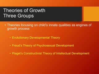 Theories of Growth
Three Groups
• Theories focusing on child’s innate qualities as engines of
growth process
• Evolutionary Developmental Theory
• Freud’s Theory of Psychosexual Development
• Piaget’s Constructivist Theory of Intellectual Development
 