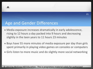 Age and Gender Differences
 Media exposure increases dramatically in early adolescence,
rising to 12 hours a day packed into 9 hours and decreasing
slightly in the teen years to 11 hours 23 minutes
 Boys have 55 more minutes of media exposure per day than girls
spent primarily in playing video games on consoles or computers
 Girls listen to more music and do slightly more social networking
© 2013 by McGraw-Hill Education. This is proprietary material solely for authorized
21
 