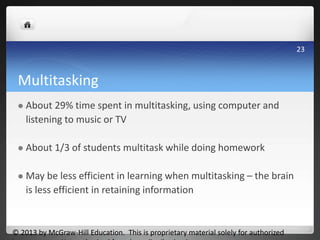 Multitasking
 About 29% time spent in multitasking, using computer and
listening to music or TV
 About 1/3 of students multitask while doing homework
 May be less efficient in learning when multitasking – the brain
is less efficient in retaining information
© 2013 by McGraw-Hill Education. This is proprietary material solely for authorized
23
 