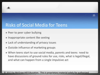Risks of Social Media for Teens
 Peer to peer cyber bullying
 Inappropriate content like sexting
 Lack of understanding of privacy issues
 Outside influence of marketing groups
 When teens start to use social media, parents and teens need to
have discussions of ground rules for use, risks, what is legal/illegal,
and what can happen from a single impulsive act
© 2013 by McGraw-Hill Education. This is proprietary material solely for authorized
25
 