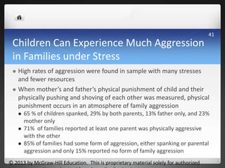 Children Can Experience Much Aggression
in Families under Stress
 High rates of aggression were found in sample with many stresses
and fewer resources
 When mother’s and father’s physical punishment of child and their
physically pushing and shoving of each other was measured, physical
punishment occurs in an atmosphere of family aggression
 65 % of children spanked, 29% by both parents, 13% father only, and 23%
mother only
 71% of families reported at least one parent was physically aggressive
with the other
 85% of families had some form of aggression, either spanking or parental
aggression and only 15% reported no form of family aggression
© 2013 by McGraw-Hill Education. This is proprietary material solely for authorized
41
 