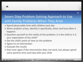 Seven-Step Problem-Solving Approach to Use
with Family Problems When They Arise
 Spend pleasurable time with children each day
 When problem arises, identify it specifically; when and how often it
happens
 Question yourself on the reality of the problem; is it the child or is it
your expectation of the child?
 Get the child’s point of view on the problem
 Agree on an intervention
 Evaluate the results
 Start over again if the intervention does not work, but always spend
some positive time each day with your child
© 2013 by McGraw-Hill Education. This is proprietary material solely for authorized
52
 
