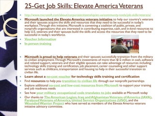 25-Get Job Skills: Elevate AmericaVeterans
 http://www.microsoft.com/about/corporatecitizenship/en-us/community-tools/job-skills/veterans/
 Microsoft launched the Elevate America veterans initiative to help our country's veterans
and their spouses acquire the skills and resources that they need to be successful in today's
workplace.Through this initiative, Microsoft is convening a coalition of public, private, and
nonprofit organizations that are interested in contributing expertise, cash, and in-kind resources to
help U.S. veterans and their spouses build the skills and access the resources that they need to be
successful in today's workforce.
 Voucher Information
 In person training
 Microsoft is proud to help veterans and their spouses successfully transition from the military
to civilian employment.Through Microsoft’s investments of more than $12 million in cash, software
and related support, veterans and their eligible spouses can take advantage of resources including:
technology skills training and certification, job placement, career counseling and other support
services such as childcare, transportation and housing to help in their successful transition to
civilian life.
 Learn about a no-cost voucher for technology skills training and certification
 Find resources to help you transition to civilian life through our nonprofit partnerships
 Explore additional no-cost and low-cost resources from Microsoft to support your training
and job readiness needs
 See how your military occupational code translates to jobs available at Microsoft today
 Our thanks to The American Legion, Iraq and AfghanistanVeterans of America (IAVA),
ParalyzedVeterans of America, United Service Organizations (USO), and the
WoundedWarrior Project who have served as members of the Elevate America veterans
initiative advisory committee.
 
