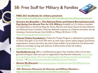 58- Free Stuff for Military & Families
 FREE 2013 handbooks for military personnel;
http://militaryhandbooks.com/free-2013-handbooks-for-military-personnel/
 America the Beautiful ---The National Parks and Federal Recreational Lands
Pass Series; Free Annual Pass for U.S. Military, Available to U.S. military members
and dependents in the Army, Navy,Air Force, Marines and Coast Guard and also, Reserve
and National Guard members. Must be obtained in person at a Federal recreation site by
showing a Common Access Card (CAC) or Military ID (Form 1173).
https://store.usgs.gov/pass/military.html
 VeteranTickets Foundation's Tickets for Troops Program is dedicated to giving back
to those who gave us so much.We team up with major sports teams, leagues, promoters,
organizations, venues and every day event ticket holders to provide free and discounted
tickets to currently serving and veterans of all branches of the US military.
http://www.vettix.org/
 SaveAndInvest.org offers a multifaceted program that includes online and on-the-
ground training to make sure you're supported at key financial milestones. Free Credit
Score & Analysis,Action Plan:Track Spending,Teens & Money, Save & Invest Disability
Benefits -- http://www.saveandinvest.org/MilitaryCenter/index.htm
 Gimme My Discount! http://www.govexec.com/federal-news/2012/02/gimme-my-
discount/29165/
 100+ Awesome Discounts forVeterans and Military Members -
http://www.thepennyhoarder.com/military-discounts/
 