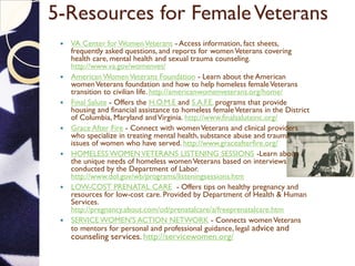 5-Resources for FemaleVeterans
 VA Center for WomenVeterans - Access information, fact sheets,
frequently asked questions, and reports for womenVeterans covering
health care, mental health and sexual trauma counseling.
http://www.va.gov/womenvet/
 American WomenVeterans Foundation - Learn about the American
womenVeterans foundation and how to help homeless femaleVeterans
transition to civilian life. http://americanwomenveterans.org/home/
 Final Salute - Offers the H.O.M.E and S.A.F.E. programs that provide
housing and financial assistance to homeless femaleVeterans in the District
of Columbia, Maryland andVirginia. http://www.finalsaluteinc.org/
 Grace After Fire - Connect with womenVeterans and clinical providers
who specialize in treating mental health, substance abuse and trauma
issues of women who have served. http://www.graceafterfire.org/
 HOMELESS WOMENVETERANS LISTENING SESSIONS -Learn about
the unique needs of homeless womenVeterans based on interviews
conducted by the Department of Labor.
http://www.dol.gov/wb/programs/listeningsessions.htm
 LOW-COST PRENATAL CARE - Offers tips on healthy pregnancy and
resources for low-cost care. Provided by Department of Health & Human
Services.
http://pregnancy.about.com/od/prenatalcare/a/freeprenatalcare.htm
 SERVICE WOMEN'S ACTION NETWORK - Connects womenVeterans
to mentors for personal and professional guidance, legal advice and
counseling services. http://servicewomen.org/
 