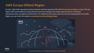 © 2020, Amazon Web Services, Inc. or its affiliates. All rights reserved. Amazon Confidential.
AWS Europe (Milan) Region
O...