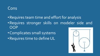 Cons
•Requires team time and effort for analysis
•Requires stronger skills on modeler side and
OOP
•Complicates small systems
•Requires time to define UL
DDD
 