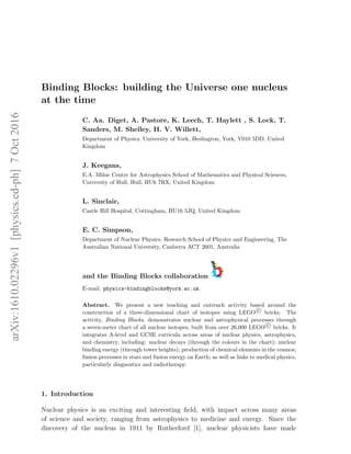 Binding Blocks: building the Universe one nucleus
at the time
C. Aa. Diget, A. Pastore, K. Leech, T. Haylett , S. Lock, T.
Sanders, M. Shelley, H. V. Willett,
Department of Physics, University of York, Heslington, York, Y010 5DD, United
Kingdom
J. Keegans,
E.A. Milne Centre for Astrophysics School of Mathematics and Physical Sciences,
University of Hull, Hull, HU6 7RX, United Kingdom
L. Sinclair,
Castle Hill Hospital, Cottingham, HU16 5JQ, United Kingdom
E. C. Simpson,
Department of Nuclear Physics, Research School of Physics and Engineering, The
Australian National University, Canberra ACT 2601, Australia
and the Binding Blocks collaboration
E-mail: physics-bindingblocks@york.ac.uk
Abstract. We present a new teaching and outreach activity based around the
construction of a three-dimensional chart of isotopes using LEGO c bricks. The
activity, Binding Blocks, demonstrates nuclear and astrophysical processes through
a seven-meter chart of all nuclear isotopes, built from over 26,000 LEGO c bricks. It
integrates A-level and GCSE curricula across areas of nuclear physics, astrophysics,
and chemistry, including: nuclear decays (through the colours in the chart); nuclear
binding energy (through tower heights); production of chemical elements in the cosmos;
fusion processes in stars and fusion energy on Earth; as well as links to medical physics,
particularly diagnostics and radiotherapy.
1. Introduction
Nuclear physics is an exciting and interesting ﬁeld, with impact across many areas
of science and society, ranging from astrophysics to medicine and energy. Since the
discovery of the nucleus in 1911 by Rutherford [1], nuclear physicists have made
arXiv:1610.02296v1[physics.ed-ph]7Oct2016
 