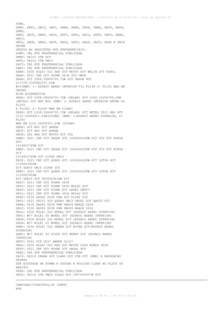 AISWEB - BOLETIM PERSONALIZADO - 22/09/2013 às 21:00:24 UTC - Total de Páginas: 26
página 10 de 26 :: IP 187.37.19.224
SUMU,
SBNF, SBFL, SBCT, SBBI, SBBR, SBAR, SBSR, SBBH, SBCF, SBCN,
SBMO,
SBRF, SBJP, SBNT, SBSV, SBTC, SBPS, SBIL, SBTE, SBFZ, SBBE,
SBPJ,
SBUL, SBUR, SBRP, SBVT, SBGO, SBTV, SAEZ, SBJV, SBPA E SBCX
DEVEM
SEGUIR AS SEGUINTES RTE PREFERENCIAIS:
SUMU: CNL RTE PREFERENCIAL PUBLICADA
SBNF: UA310 CTB DCT
SBFL: UA310 CTB UW19
SBCT: CNL RTE PREFERENCIAL PUBLICADA
SBBI: CNL RTE PREFERENCIAL PUBLICADA
SBBR: UZ30 KOLKI UZ2 ARX DCT MOVTO DCT WELIN DCT KUKOL
SBAR: UZ21 CNF DCT POSMU UZ36 SVD UW58
SBSR: DCT 2308.59S04735.70W DCT OBDOK DCT
213728.21S0482247.64W
W16(RMK/ 1- ESPACO AEREO INFERIOR TIL FL190 2- FL140 MAX EM
OBDOK)
ROTA ALTERNATIVA
SBSR: DCT 2308.59S04735.70W (GELAX) DCT 2306.15S04758.26W
(BETEL) DCT BRU W24 (RMK/ 1- ESPACO AEREO INFERIOR ENTRE OS
FL200
E FL240, 2- FL200 MAX EM SIGAK)
SBSR: DCT 2308.59S04735.70W (GELAX) DCT BETEL UZ21 BRU DCT
2152.50S04911.69W(SIGAK) (RMK/ 1-ESPACO AEREO SUPERIOR, 2-
FL200
MAX EM 2152.50S04911.69W (SIGAK)
SBBH: DCT BGC DCT ARENA
SBCF: DCT BGC DCT ARENA
SBCN: UZ2 ARX DCT MOVTO DCT CAL
SBMO: UZ21 CNF DCT OBGAR DCT 1644S04208W DCT VCO DCT KOKDA
DCT
1014S03740W DCT
SBRF: UZ21 CNF DCT OBGAR DCT 1644S04208W DCT VCO DCT KOKDA
DCT
1014S03740W DCT ZIPAR UW10
SBJP: UZ21 CNF DCT QUARU DCT 1632S04228W DCT LUTVA DCT
1139S03906W
DCT GEBIT UW10 ZIPAR DCT
SBNT: UZ21 CNF DCT QUARU DCT 1632S04228W DCT LUTVA DCT
1139S03906W
DCT GEBIT DCT 0800S03636W DCT
SBSV: UZ21 CNF DCT POSMU UZ36
SBTC: UZ21 CNF DCT POSMU UZ36 MULSO DCT
SBPS: UZ21 CNF DCT POSMU DCT DAGEL UN857
SBIL: UZ21 CNF DCT POSMU UZ36 MULSO DCT
SBTE: UZ30 DADPU UZ38 FRM DCT FLINT UZ5
SBFZ: UZ21 TRIVI DCT QUARU UW13 OBGEL DCT ABUCU DCT
SBBE: UZ30 DADPU UZ38 FRM UM409 BRAZE UZ26
SBPJ: UZ30 DADPU UZ38 FRM UM409 BRAZE UZ26
SBUL: UZ30 KOLKI UZ2 MUKEL DCT (ESPACO AEREO SUPERIOR)
SBUL: W57 KOLKI Z5 MUKEL DCT (ESPACO AEREO INFERIOR)
SBUR: UZ30 KOLKI UZ2 MUKEL DCT (ESPACO AEREO SUPERIOR)
SBUR: W57 KOLKI Z5 MUKEL DCT (ESPACO AEREO INFERIOR)
SBRP: UZ30 KOLKI UZ2 GEBAB DCT KOTRA DCT(ESPACO AEREO
SUPERIOR)
SBRP: W57 KOLKI Z5 SIGOP DCT MUKNU DCT (ESPACO AEREO
INFERIOR)
SBVT: UZ42 PCX UZ37 AWAKE UL327
SBGO: UZ30 KOLKI UZ2 ARX DCT MOVTO UZ46 ROMIK UZ28
SBTV: UZ21 CNF DCT POSMU DCT DAGEL DCT
SAEZ: CNL RTE PREFERENCIAL PUBLICADA
SBJV: UA310 ORANA DCT CLARO DCT CTB DCT (RMK/ A NAVEGACAO
DEVERA
SER AJUSTADA DE FORMA A CRUZAR A POSICAO CLARO NO FL200 OU
ABAIXO)
SBPA: CNL RTE PREFERENCIAL PUBLICADA
SBCX: UA310 CTB UW24 OCASO DCT 2907S05037W DCT
CAMPINAS/VIRACOPOS,SP (SBKP)
AGA
 