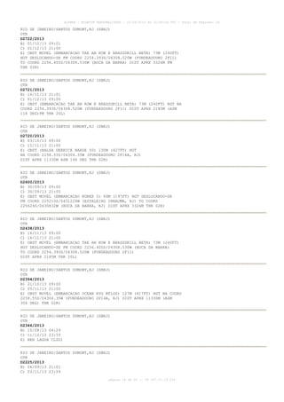 AISWEB - BOLETIM PERSONALIZADO - 22/09/2013 às 21:00:24 UTC - Total de Páginas: 26
página 18 de 26 :: IP 187.37.19.224
RIO DE JANEIRO/SANTOS DUMONT,RJ (SBRJ)
OTR
D2722/2013
B) 01/12/13 09:01
C) 01/12/13 21:00
E) OBST MOVEL (EMBARCACAO TAE AN KOW E BRASSDRILL BETA) 73M (240FT)
HGT DESLOCANDO-SE FM COORD 2254.393S/04308.520W (FUNDEADOURO 2F11)
TO COORD 2256.400S/04308.530W (BOCA DA BARRA) DIST APRX 3326M FM
THR 02R)
RIO DE JANEIRO/SANTOS DUMONT,RJ (SBRJ)
OTR
D2721/2013
B) 16/11/13 21:01
C) 01/12/13 09:00
E) OBST (EMBARCACAO TAE AN KOW E BRASSDRILL BETA) 73M (240FT) HGT NA
COORD 2254.393S/04308.520W (FUNDEADOURO 2F11) DIST APRX 2185M (AZM
118 DEG)FM THR 20L)
RIO DE JANEIRO/SANTOS DUMONT,RJ (SBRJ)
OTR
D2720/2013
B) 03/10/13 09:00
C) 15/11/13 21:00
E) OBST (BALSA DERRICK BARGE 50) 130M (427FT) HGT
NA COORD 2258.55S/04304.35W (FUNDEADOURO 2F14A, RJ)
DIST APRX 11330M AZM 146 DEG THR 02R)
RIO DE JANEIRO/SANTOS DUMONT,RJ (SBRJ)
OTR
D2600/2013
B) 30/09/13 09:00
C) 30/09/13 21:00
E) OBST MOVEL (EMBARCACAO KOREX 2) 60M (197FT) HGT DESLOCANDO-SE
FM COORD 225210S/0431224W (ESTALEIRO INHAUMA, RJ) TO COORD
225624S/0430832W (BOCA DA BARRA, RJ) DIST APRX 3326M THR 02R)
RIO DE JANEIRO/SANTOS DUMONT,RJ (SBRJ)
OTR
D2438/2013
B) 16/11/13 09:00
C) 16/11/13 21:00
E) OBST MOVEL (EMBARCACAO TAE AN KOW E BRASSDRILL BETA) 73M (240FT)
HGT DESLOCANDO-SE FM COORD 2256.400S/04308.530W (BOCA DA BARRA)
TO COORD 2254.393S/04308.520W (FUNDEADOURO 2F11)
DIST APRX 2185M THR 20L)
RIO DE JANEIRO/SANTOS DUMONT,RJ (SBRJ)
OTR
D2394/2013
B) 21/10/13 09:00
C) 05/11/13 21:00
E) OBST MOVEL (EMBARCACAO OCEAN RYG MYLOS) 127M (417FT) HGT NA COORD
2258.55S/04304.35W (FUNDEADOURO 2F14A, RJ) DIST APRX 11330M (AZM
306 DEG) THR 02R)
RIO DE JANEIRO/SANTOS DUMONT,RJ (SBRJ)
OTR
D2346/2013
B) 15/08/13 04:29
C) 11/10/13 23:59
E) REH LAGOA CLSD)
RIO DE JANEIRO/SANTOS DUMONT,RJ (SBRJ)
OTR
D2225/2013
B) 06/09/13 21:01
C) 03/11/13 23:59
 