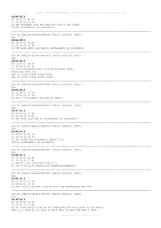 AISWEB - BOLETIM PERSONALIZADO - 22/09/2013 às 21:00:24 UTC - Total de Páginas: 26
página 20 de 26 :: IP 187.37.19.224
D2695/2013
B) 16/09/13 13:04
C) 05/10/13 23:59
E) TWY NOVEMBER CLSD BTN TWY ECHO ECHO E TWY QUEBEC
DEVIDO AFUNDAMENTO DE PAVIMENTO)
RIO DE JANEIRO/GALEAO-ANTONIO CARLOS JOBIM,RJ (SBGL)
AGA
D2694/2013
B) 16/09/13 12:54
C) 05/10/13 23:59
E) TWY ALFA ALFA CLSD DEVIDO AFUNDAMENTO DE PAVIMENTO)
RIO DE JANEIRO/GALEAO-ANTONIO CARLOS JOBIM,RJ (SBGL)
AGA
D2654/2013
B) 12/09/13 19:31
C) 05/10/13 09:59
E) DIST DECLARADAS RWY 10/28 MODIFICADAS PARA:
TORA ASDA TODA LDA
RWY 10 1800M 1860M 1800M 1800M
RWY 28 1800M 1800M 1800M 1800M)
RIO DE JANEIRO/GALEAO-ANTONIO CARLOS JOBIM,RJ (SBGL)
AGA
D2653/2013
B) 12/09/13 19:29
C) 05/10/13 09:59
E) RWY 10 FST 2200M CLSD DEVIDO OBRAS)
RIO DE JANEIRO/GALEAO-ANTONIO CARLOS JOBIM,RJ (SBGL)
AGA
D2567/2013
B) 06/09/13 02:38
C) 05/10/13 23:59
E) TWY PAPA CLSD DEVIDO AFUNDAMENTO DE PAVIMENTO)
RIO DE JANEIRO/GALEAO-ANTONIO CARLOS JOBIM,RJ (SBGL)
AGA
D2566/2013
B) 06/09/13 02:36
C) 05/10/13 23:59
E) TWY OSCAR BTN NOVEMBER E QUEBEC CLSD
DEVIDO AFUNDAMENTO DE PAVIMENTO)
RIO DE JANEIRO/GALEAO-ANTONIO CARLOS JOBIM,RJ (SBGL)
AGA
D2549/2013
B) 16/09/13 03:30
C) 01/11/13 07:15
D) MON TIL FRI 0330/0500 0530/0715
E) RWY 15/33 CLSD DEVIDO SER DESEMBORRACHAMENTO)
RIO DE JANEIRO/GALEAO-ANTONIO CARLOS JOBIM,RJ (SBGL)
AGA
D2540/2013
B) 03/09/13 17:35
C) 05/10/13 09:59
E) RWY 10/28 LIMITADA A OPS DE ACFT COM ENVERGADURA MAX 36M)
RIO DE JANEIRO/GALEAO-ANTONIO CARLOS JOBIM,RJ (SBGL)
AGA
Z1166/2013
B) 01/09/13 02:40
C) 16/10/13 23:59
E) AD - EM SUBSTITUICAO AS RTE PREFERENCIAIS PUBLICADAS NO AIP BRASIL
ENR 2.1-2 ITEM 2.1.5, PARA AS ACFT TKOF DE SBGL COM DEST A SBPA,
 