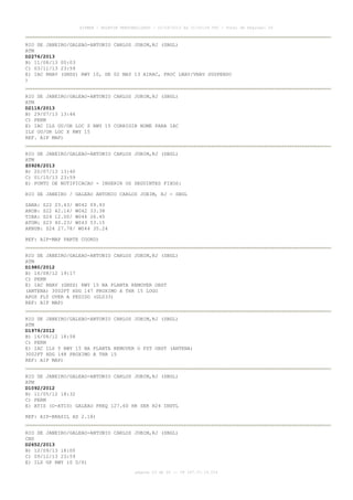 AISWEB - BOLETIM PERSONALIZADO - 22/09/2013 às 21:00:24 UTC - Total de Páginas: 26
página 23 de 26 :: IP 187.37.19.224
RIO DE JANEIRO/GALEAO-ANTONIO CARLOS JOBIM,RJ (SBGL)
ATM
D2276/2013
B) 11/08/13 00:03
C) 03/11/13 23:59
E) IAC RNAV (GNSS) RWY 10, DE 02 MAY 13 AIRAC, PROC LNAV/VNAV SUSPENSO
)
RIO DE JANEIRO/GALEAO-ANTONIO CARLOS JOBIM,RJ (SBGL)
ATM
D2118/2013
B) 29/07/13 13:44
C) PERM
E) IAC ILS OU/OR LOC Z RWY 15 CORRIGIR NOME PARA IAC
ILS OU/OR LOC X RWY 15
REF. AIP MAP)
RIO DE JANEIRO/GALEAO-ANTONIO CARLOS JOBIM,RJ (SBGL)
ATM
Z0928/2013
B) 20/07/13 13:40
C) 01/10/13 23:59
E) PONTO DE NOTIFICACAO - INSERIR OS SEGUINTES FIXOS:
RIO DE JANEIRO / GALEAO ANTONIO CARLOS JOBIM, RJ - SBGL
ZANA: S22 23.43/ W042 09.93
AROB: S22 42.14/ W042 33.38
TIBA: S24 12.00/ W044 26.45
ATUM: S23 40.23/ W043 53.15
AKNUB: S24 27.78/ W044 35.24
REF: AIP-MAP PARTE COORD)
RIO DE JANEIRO/GALEAO-ANTONIO CARLOS JOBIM,RJ (SBGL)
ATM
D1980/2012
B) 16/08/12 19:17
C) PERM
E) IAC RNAV (GNSS) RWY 15 NA PLANTA REMOVER OBST
(ANTENA) 3002FT HDG 147 PROXIMO A THR 15 LOGO
APOS FLY OVER A PEDIDO (GL033)
REF: AIP MAP)
RIO DE JANEIRO/GALEAO-ANTONIO CARLOS JOBIM,RJ (SBGL)
ATM
D1979/2012
B) 16/08/12 18:58
C) PERM
E) IAC ILS Y RWY 15 NA PLANTA REMOVER O FST OBST (ANTENA)
3002FT HDG 148 PROXIMO A THR 15
REF: AIP MAP)
RIO DE JANEIRO/GALEAO-ANTONIO CARLOS JOBIM,RJ (SBGL)
ATM
D1092/2012
B) 11/05/12 18:32
C) PERM
E) ATIS (D-ATIS) GALEAO FREQ 127.60 HR SER H24 INSTL
REF: AIP-BRASIL AD 2.18)
RIO DE JANEIRO/GALEAO-ANTONIO CARLOS JOBIM,RJ (SBGL)
CNS
D2652/2013
B) 12/09/13 18:00
C) 09/12/13 23:59
E) ILS GP RWY 10 U/S)
 