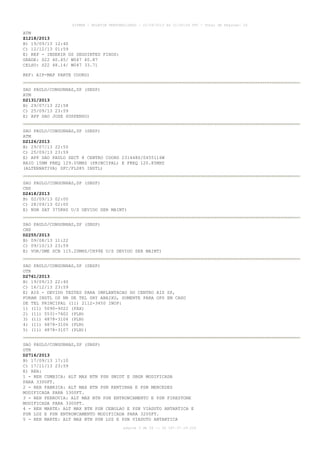 AISWEB - BOLETIM PERSONALIZADO - 22/09/2013 às 21:00:24 UTC - Total de Páginas: 26
página 3 de 26 :: IP 187.37.19.224
ATM
Z1218/2013
B) 19/09/13 12:40
C) 12/12/13 01:59
E) REP - INSERIR OS SEGUINTES FIXOS:
GRADE: S22 40.45/ W047 40.87
CELSO: S22 48.14/ W047 33.71
REF: AIP-MAP PARTE COORD)
SAO PAULO/CONGONHAS,SP (SBSP)
ATM
D2131/2013
B) 29/07/13 22:58
C) 25/09/13 23:59
E) APP SAO JOSE SUSPENSO)
SAO PAULO/CONGONHAS,SP (SBSP)
ATM
D2126/2013
B) 29/07/13 22:50
C) 25/09/13 23:59
E) APP SAO PAULO SECT 8 CENTRO COORD 231448S/0455116W
RAIO 15NM FREQ 129.05MHZ (PRINCIPAL) E FREQ 120.85MHZ
(ALTERNATIVA) SFC/FL085 INSTL)
SAO PAULO/CONGONHAS,SP (SBSP)
CNS
D2418/2013
B) 02/09/13 02:00
C) 28/09/13 02:00
E) NDB SAT 375KHZ U/S DEVIDO SER MAINT)
SAO PAULO/CONGONHAS,SP (SBSP)
CNS
D2255/2013
B) 09/08/13 11:22
C) 09/10/13 23:59
E) VOR/DME SCB 115.20MHZ/CH99X U/S DEVIDO SER MAINT)
SAO PAULO/CONGONHAS,SP (SBSP)
OTR
D2761/2013
B) 19/09/13 22:40
C) 16/12/13 23:59
E) AIS - DEVIDO TESTES PARA IMPLANTACAO DO CENTRO AIS SP,
FORAM INSTL OS NR DE TEL SRY ABAIXO, SOMENTE PARA OPS EM CASO
DE TEL PRINCIPAL (11) 2112-3450 INOP:
1) (11) 5090-9022 (FAX)
2) (11) 5531-7602 (PLN)
3) (11) 4878-3104 (PLN)
4) (11) 4878-3106 (PLN)
5) (11) 4878-3107 (PLN))
SAO PAULO/CONGONHAS,SP (SBSP)
OTR
D2716/2013
B) 17/09/13 17:10
C) 17/11/13 23:59
E) REH:
1 - REH CUMBICA: ALT MAX BTN PSN SMIDT E SBGR MODIFICADA
PARA 3300FT.
2 - REH FABRICA: ALT MAX BTN PSN KENTINHA E PSN MERCEDES
MODIFICADA PARA 3300FT.
3 - REH FERROVIA: ALT MAX BTN PSN ENTRONCAMENTO E PSN FIRESTONE
MODIFICADA PARA 3300FT.
4 - REH MARTE: ALT MAX BTN PSN CEBOLAO E PSN VIADUTO ANTARTICA E
PSN LUZ E PSN ENTRONCAMENTO MODIFICADA PARA 3200FT.
5 - REH MARTE: ALT MAX BTN PSN LUZ E PSN VIADUTO ANTARTICA
 
