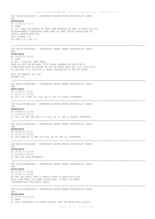 AISWEB - BOLETIM PERSONALIZADO - 22/09/2013 às 21:00:24 UTC - Total de Páginas: 26
página 7 de 26 :: IP 187.37.19.224
SAO PAULO/GUARULHOS - GOVERNADOR ANDRE FRANCO MONTORO,SP (SBGR)
AGA
D2374/2012
B) 21/09/12 12:37
C) PERM
E) AD - PRB UTILIZACAO DE SBGR COMO MUDANCA DE DEST OU ALTN DOS FLT
ORIGINALMENTE PLANEJADOS PARA SBSP OU SBKP DEVIDO CAPACIDADE DE
PATIO, EXCETO ACFT MIL
REF: ROTAER 3-S
AIP ENR 2.1.1 AD 2.2
)
SAO PAULO/GUARULHOS - GOVERNADOR ANDRE FRANCO MONTORO,SP (SBGR)
AGA
D1091/2012
B) 19/05/12 00:00
C) PERM
E) AD - CORRIGIR INFO PARA:
PRKG DE ACFT DA AVIACAO CIVIL GERAL SOMENTE NO PATIO NR 6
E MEDIANTE AUTH DA CABINE DE CTL DE PATIO PELO TEL (11) 2445-4313
OU TEL/FAX (11) 2445-4973, SENDO OBRIGATORIO O USO DE GARFO.
REF: AIP-BRASIL AD 2.20
ROTAER 3-S)
SAO PAULO/GUARULHOS - GOVERNADOR ANDRE FRANCO MONTORO,SP (SBGR)
ATM
D2671/2013
B) 13/09/13 12:01
C) 01/11/13 23:59
E) IAC ILS Z RWY 27R ILS, DE 21 OCT 10 AIRAC, SUSPENSA)
SAO PAULO/GUARULHOS - GOVERNADOR ANDRE FRANCO MONTORO,SP (SBGR)
ATM
D2509/2013
B) 29/08/13 21:46
C) 29/10/13 23:59
E) IAC ILS RWY 09R CAT II E III, DE 12 JAN 12 AIRAC, SUSPENSA)
SAO PAULO/GUARULHOS - GOVERNADOR ANDRE FRANCO MONTORO,SP (SBGR)
ATM
D2205/2013
B) 05/08/13 21:37
C) 01/11/13 23:59
E) IAC CHARLIE 12 RWY 27R ILS, DE 05 APR 12, SUSPENSA)
SAO PAULO/GUARULHOS - GOVERNADOR ANDRE FRANCO MONTORO,SP (SBGR)
ATM
D2132/2013
B) 29/07/13 22:59
C) 25/09/13 23:59
E) APP SAO JOSE SUSPENSO)
SAO PAULO/GUARULHOS - GOVERNADOR ANDRE FRANCO MONTORO,SP (SBGR)
ATM
D2127/2013
B) 29/07/13 22:50
C) 25/09/13 23:59
E) APP SAO PAULO SECT 8 CENTRO COORD 231448S/0455116W
RAIO 15NM FREQ 129.05MHZ (PRINCIPAL) E FREQ 120.85MHZ
(ALTERNATIVA) SFC/FL085 INSTL)
SAO PAULO/GUARULHOS - GOVERNADOR ANDRE FRANCO MONTORO,SP (SBGR)
ATM
D1554/2012
B) 04/07/12 22:29
C) PERM
E) ATIS GUARULHOS 127.75MHZ ATIVADO INFO EM DATA-LINK (D-ATIS)
 