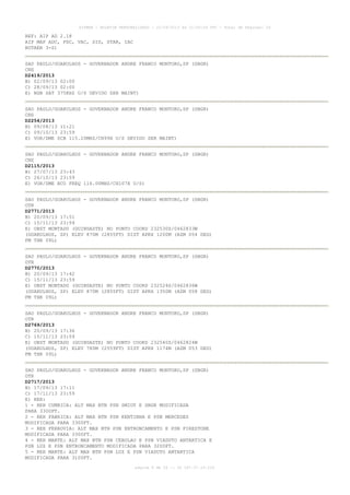 AISWEB - BOLETIM PERSONALIZADO - 22/09/2013 às 21:00:24 UTC - Total de Páginas: 26
página 8 de 26 :: IP 187.37.19.224
REF: AIP AD 2.18
AIP MAP ADC, PDC, VAC, SID, STAR, IAC
ROTAER 3-S)
SAO PAULO/GUARULHOS - GOVERNADOR ANDRE FRANCO MONTORO,SP (SBGR)
CNS
D2419/2013
B) 02/09/13 02:00
C) 28/09/13 02:00
E) NDB SAT 375KHZ U/S DEVIDO SER MAINT)
SAO PAULO/GUARULHOS - GOVERNADOR ANDRE FRANCO MONTORO,SP (SBGR)
CNS
D2254/2013
B) 09/08/13 11:21
C) 09/10/13 23:59
E) VOR/DME SCB 115.20MHZ/CH99X U/S DEVIDO SER MAINT)
SAO PAULO/GUARULHOS - GOVERNADOR ANDRE FRANCO MONTORO,SP (SBGR)
CNS
D2115/2013
B) 27/07/13 23:43
C) 26/10/13 23:59
E) VOR/DME BCO FREQ 116.00MHZ/CH107X U/S)
SAO PAULO/GUARULHOS - GOVERNADOR ANDRE FRANCO MONTORO,SP (SBGR)
OTR
D2771/2013
B) 20/09/13 17:51
C) 15/11/13 23:59
E) OBST MONTADO (GUINDASTE) NO PONTO COORD 232530S/0462833W
(GUARULHOS, SP) ELEV 870M (2855FT) DIST APRX 1200M (AZM 054 DEG)
FM THR 09L)
SAO PAULO/GUARULHOS - GOVERNADOR ANDRE FRANCO MONTORO,SP (SBGR)
OTR
D2770/2013
B) 20/09/13 17:42
C) 15/11/13 23:59
E) OBST MONTADO (GUINDASTE) NO PONTO COORD 232524S/0462836W
(GUARULHOS, SP) ELEV 870M (2855FT) DIST APRX 1350M (AZM 058 DEG)
FM THR 09L)
SAO PAULO/GUARULHOS - GOVERNADOR ANDRE FRANCO MONTORO,SP (SBGR)
OTR
D2769/2013
B) 20/09/13 17:36
C) 15/11/13 23:59
E) OBST MONTADO (GUINDASTE) NO PONTO COORD 232540S/0462824W
(GUARULHOS, SP) ELEV 780M (2559FT) DIST APRX 1174M (AZM 053 DEG)
FM THR 09L)
SAO PAULO/GUARULHOS - GOVERNADOR ANDRE FRANCO MONTORO,SP (SBGR)
OTR
D2717/2013
B) 17/09/13 17:11
C) 17/11/13 23:59
E) REH:
1 - REH CUMBICA: ALT MAX BTN PSN SMIDT E SBGR MODIFICADA
PARA 3300FT.
2 - REH FABRICA: ALT MAX BTN PSN KENTINHA E PSN MERCEDES
MODIFICADA PARA 3300FT.
3 - REH FERROVIA: ALT MAX BTN PSN ENTRONCAMENTO E PSN FIRESTONE
MODIFICADA PARA 3300FT.
4 - REH MARTE: ALT MAX BTN PSN CEBOLAO E PSN VIADUTO ANTARTICA E
PSN LUZ E PSN ENTRONCAMENTO MODIFICADA PARA 3200FT.
5 - REH MARTE: ALT MAX BTN PSN LUZ E PSN VIADUTO ANTARTICA
MODIFICADA PARA 3100FT.
 