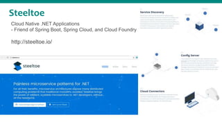 Steeltoe
Cloud Native .NET Applications
- Friend of Spring Boot, Spring Cloud, and Cloud Foundry
http://steeltoe.io/
 