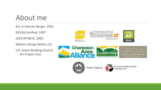 About me
B.S. in Interior Design, 1993
NCIDQ Certified, 1997
LEED AP BD+C, 2003
Watkins Design Works, LLC
U.S. Green Building Council
◦ WV Chapter Chair
 