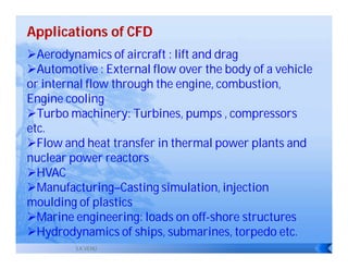 Applications of CFD
Aerodynamics of aircraft : lift and drag
Automotive : External flow over the body of a vehicle
or internal flow through the engine, combustion,
Engine cooling
Turbo machinery: Turbines, pumps , compressors
etc.
Flow and heat transfer in thermal power plants and
nuclear power reactors
HVAC
Manufacturing–Casting simulation, injection
moulding of plastics
Marine engineering: loads on off-shore structures
Hydrodynamics of ships, submarines, torpedo etc.
         S.K.VENU
 