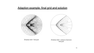 Adaption example: final grid and solution
2D planar shell - final grid 2D planar shell - contours of pressure
final grid
33
 