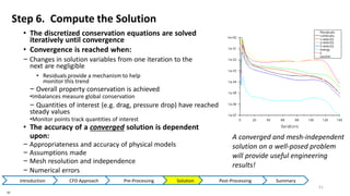 Step 6. Compute the Solution
• The discretized conservation equations are solved
iteratively until convergence
• Convergence is reached when:
− Changes in solution variables from one iteration to the
next are negligible
• Residuals provide a mechanism to help
monitor this trend
− Overall property conservation is achieved
•Imbalances measure global conservation
− Quantities of interest (e.g. drag, pressure drop) have reached
steady values
•Monitor points track quantities of interest
• The accuracy of a converged solution is dependent
upon:
− Appropriateness and accuracy of physical models
− Assumptions made
− Mesh resolution and independence
− Numerical errors
A converged and mesh-independent
solution on a well-posed problem
will provide useful engineering
results!
Introduction CFD Approach Pre-Processing Solution Post-Processing Summary
10
51
 