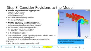 Step 8. Consider Revisions to the Model
53
• Are the physical models appropriate?
− Is the flow turbulent?
− Is the flow unsteady?
− Are there compressibility effects?
− Are there 3D effects?
• Are the boundary conditions correct?
− Is the computational domain large enough?
− Are boundary conditions appropriate?
− Are boundary values reasonable?
• Is the mesh adequate?
− Does the solution change significantly with a refined mesh, or
is the solution mesh independent?
− Does the mesh resolution of the geometry need to be
improved?
− Does the model contain poor quality cells?
High residuals may be caused by just
a few poor quality cells
Introduction CFD Approach Pre-Processing Solution Post-Processing Summary
 