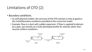 60
poor better
Fully Developed Inlet
Profile
Computational
Domain
Computational
Domain
Uniform Inlet
Profile
Limitations of CFD (2)
• Boundary conditions.
• As with physical models, the accuracy of the CFD solution is only as good as
the initial/boundary conditions provided to the numerical model.
• Example: flow in a duct with sudden expansion. If flow is supplied to domain
by a pipe, you should use a fully-developed profile for velocity rather than
assume uniform conditions.
 