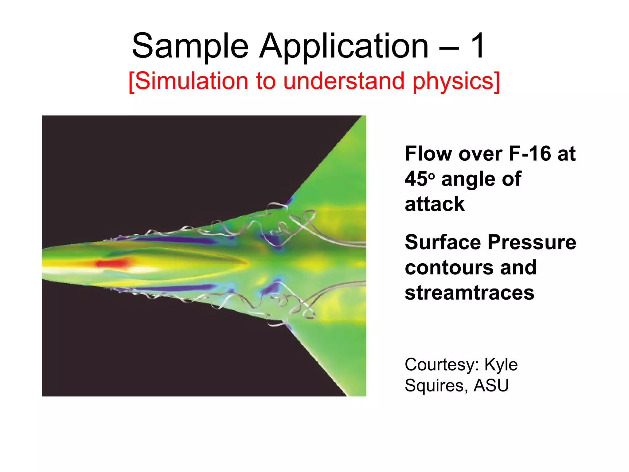 Sample Application – 1
[Simulation to understand physics]

                         Flow over F-16 at
                         45o angle of
                         attack
                         Surface Pressure
                         contours and
                         streamtraces


                         Courtesy: Kyle
                         Squires, ASU
 