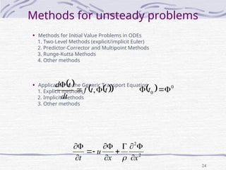24
Methods for unsteady problems
• Methods for Initial Value Problems in ODEs
1. Two-Level Methods (explicit/implicit Euler)
2. Predictor-Corrector and Multipoint Methods
3. Runge-Kutta Methods
4. Other methods
• Application to the Generic Transport Equation
1. Explicit methods
2. Implicit methods
3. Other methods
2
2
x
x
u
t 













   
 
t
t
f
dt
t
d



,   0
0 

 t
 