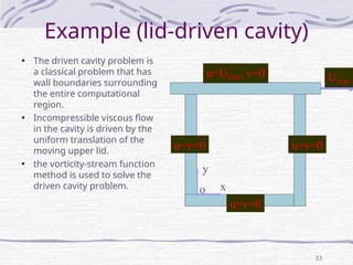 33
Example (lid-driven cavity)
• The driven cavity problem is
a classical problem that has
wall boundaries surrounding
the entire computational
region.
• Incompressible viscous flow
in the cavity is driven by the
uniform translation of the
moving upper lid.
• the vorticity-stream function
method is used to solve the
driven cavity problem.
UTOP
o
y
x
u=v=0
u=v=0 u=v=0
u=UTOP, v=0
 