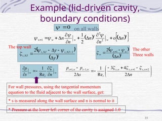 35
Example (lid-driven cavity,
boundary conditions)
0

 on all walls
   
 
3
2
2
2
1
2
1
n
o
n
n
n
n w
w
w
w 















 
 2
1
,
,
,
2
y
y NJ
i
NJ
i
NJ
i




 



 
 2
1
2
n
w
w
w


  


w
l
w
n
s
p





 
Re
1















 



n
s
p
p w
s
w
s
w
s
l
w
s
w
s
2
4
3
Re
1
2
2
,
1
,
,
,
1
,
1 


The other
Three walls
The top wall
For wall pressures, using the tangential momentum
equation to the fluid adjacent to the wall surface, get:
* s is measured along the wall surface and n is normal to it
* Pressure at the lower left corner of the cavity is assigned 1.0
 