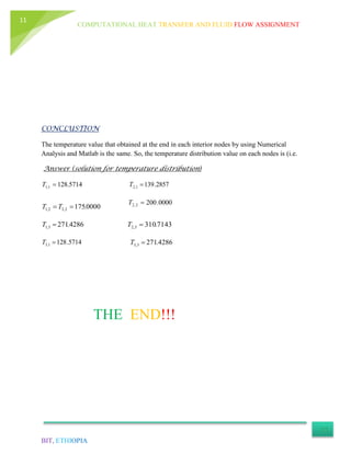 COMPUTATIONAL HEAT TRANSFER AND FLUID FLOW ASSIGNMENT
BIT, ETHIOPIA
11
CONCLUSTION
The temperature value that obtained at the end in each interior nodes by using Numerical
Analysis and Matlab is the same. So, the temperature distribution value on each nodes is (i.e.
Answer (solution for temperature distribution)
128.57141,1 T 2857.1391,2 T
0000.1752,32,1  TT
0000.2002,2 T
4286.2713,1 T 7143.3103,2 T
4286.2713,3 T
THE END!!!
5714.1281,3 T
 