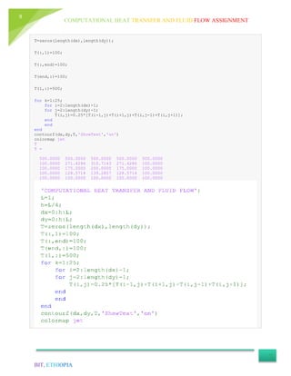 COMPUTATIONAL HEAT TRANSFER AND FLUID FLOW ASSIGNMENT
BIT, ETHIOPIA
9
T=zeros(length(dx),length(dy));
T(:,1)=100;
T(:,end)=100;
T(end,:)=100;
T(1,:)=500;
for k=1:25;
for i=2:length(dx)-1;
for j=2:length(dy)-1;
T(i,j)=0.25*[T(i-1,j)+T(i+1,j)+T(i,j-1)+T(i,j+1)];
end
end
end
contourf(dx,dy,T,'ShowText','on')
colormap jet
T
T =
500.0000 500.0000 500.0000 500.0000 500.0000
100.0000 271.4286 310.7143 271.4286 100.0000
100.0000 175.0000 200.0000 175.0000 100.0000
100.0000 128.5714 139.2857 128.5714 100.0000
100.0000 100.0000 100.0000 100.0000 100.0000
 