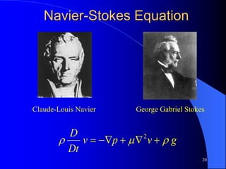 20
Claude-Louis Navier George Gabriel Stokes
g
v
p
v
Dt
D


 



 2
Navier-Stokes Equation
 
