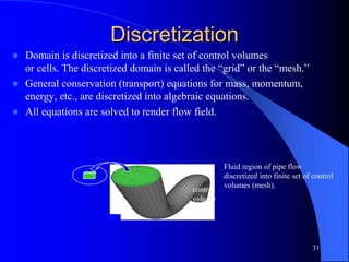 31
Discretization
 Domain is discretized into a finite set of control volumes
or cells. The discretized domain is called the “grid” or the “mesh.”
 General conservation (transport) equations for mass, momentum,
energy, etc., are discretized into algebraic equations.
 All equations are solved to render flow field.
Fluid region of pipe flow
discretized into finite set of control
volumes (mesh).
control
volume
 