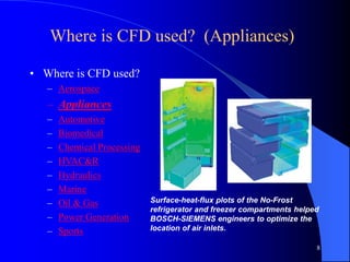 8
Where is CFD used? (Appliances)
• Where is CFD used?
– Aerospace
– Appliances
– Automotive
– Biomedical
– Chemical Processing
– HVAC&R
– Hydraulics
– Marine
– Oil & Gas
– Power Generation
– Sports
Surface-heat-flux plots of the No-Frost
refrigerator and freezer compartments helped
BOSCH-SIEMENS engineers to optimize the
location of air inlets.
 