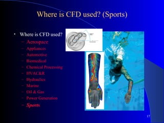 17
Where is CFD used? (Sports)
• Where is CFD used?
– Aerospace
– Appliances
– Automotive
– Biomedical
– Chemical Processing
– HVAC&R
– Hydraulics
– Marine
– Oil & Gas
– Power Generation
– Sports
 